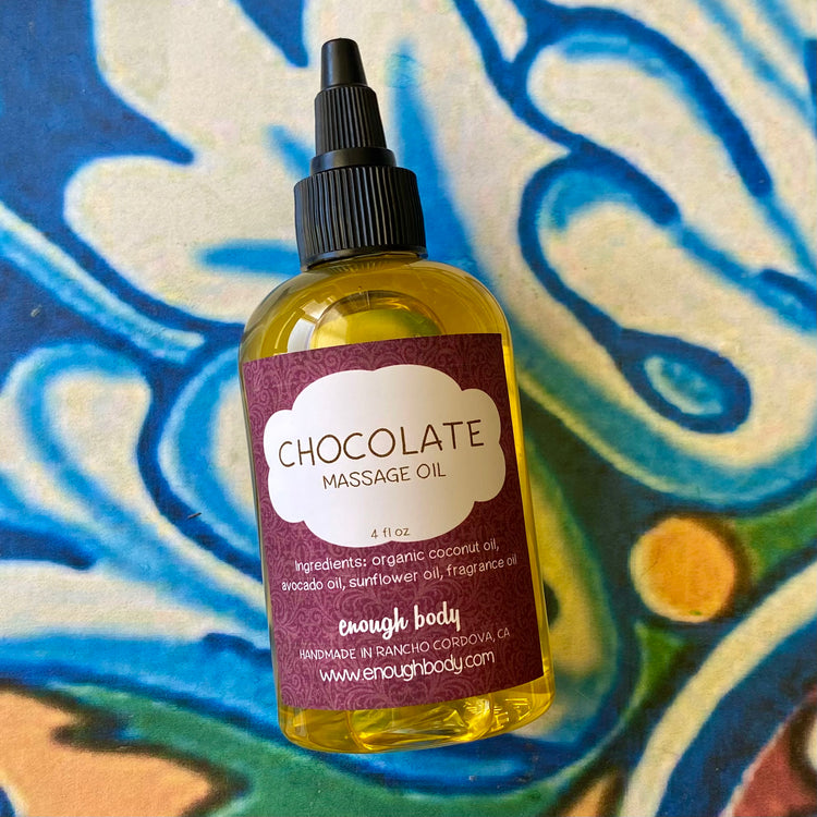 A reusable plastic bottle of Chocolate Massage Oil with a black twist top, displayed on a colorful background.