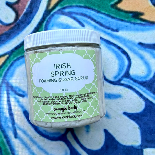 Jar of Irish Spring Foaming Sugar Scrub on a colorful background