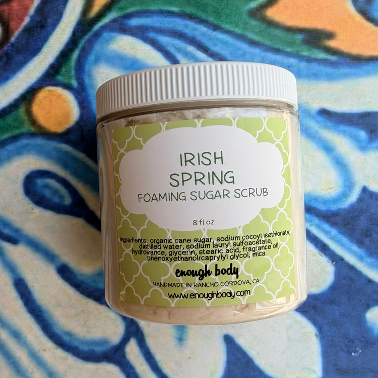 Jar of Irish Spring Sugar Scrub on a colorful background