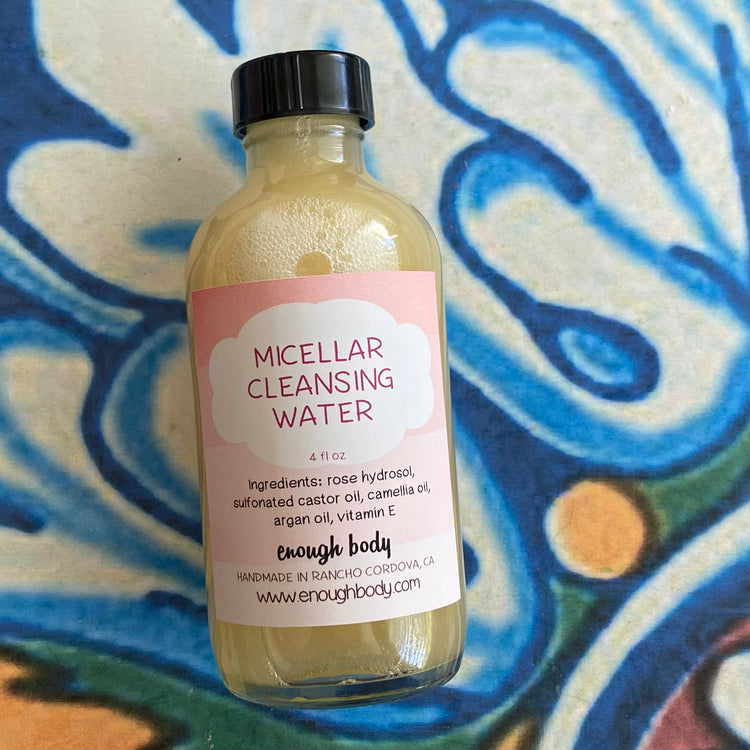 Bottle of micellar water with pink label on a colorful abstract background