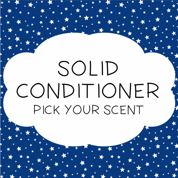 A packaged solid conditioner bar with a blue background featuring a white cloud and stars pattern. The text on the packaging reads 'Solid Conditioner Bar - Pick Your Scent'.