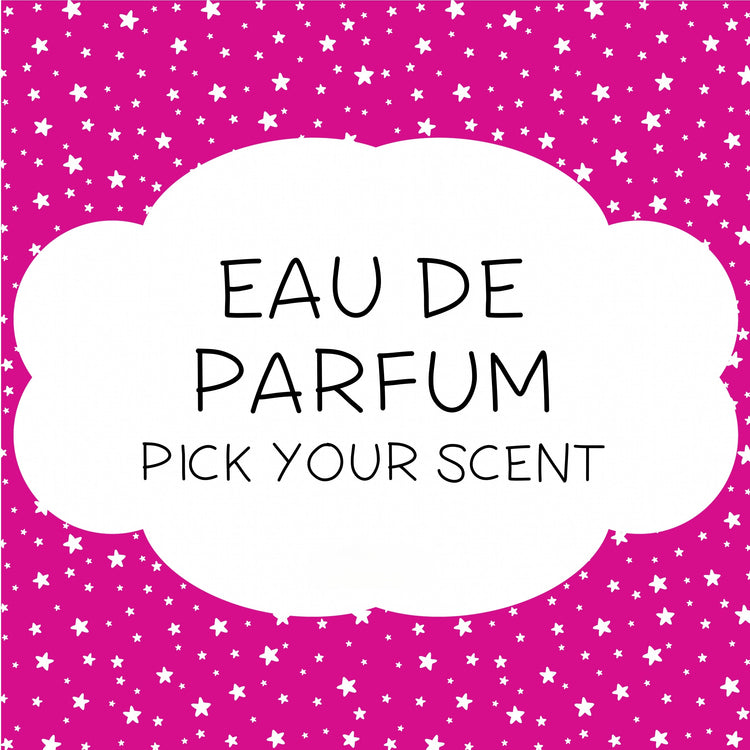 Eau de Parfum advertisement with 'Pick Your Scent' text on a pink background with white stars.