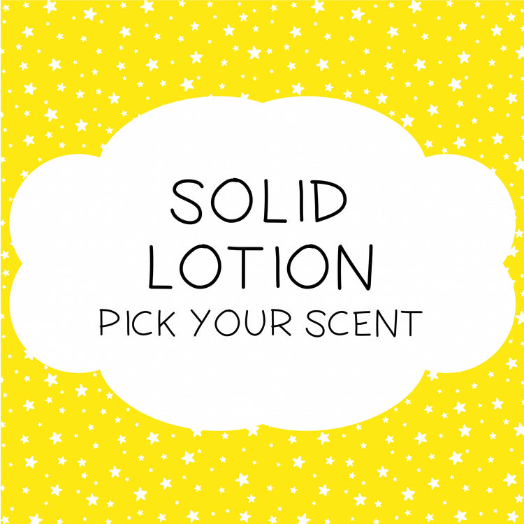 An image featuring a solid lotion product with a background of yellow and star-shaped graphics