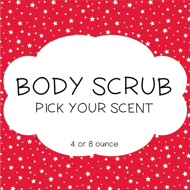 An image featuring a Body Scrub product with a background of red and star-shaped graphics