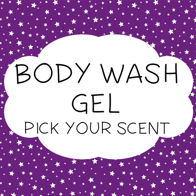 An image featuring a Body Wash Gel product with a background of purple and star-shaped graphics
