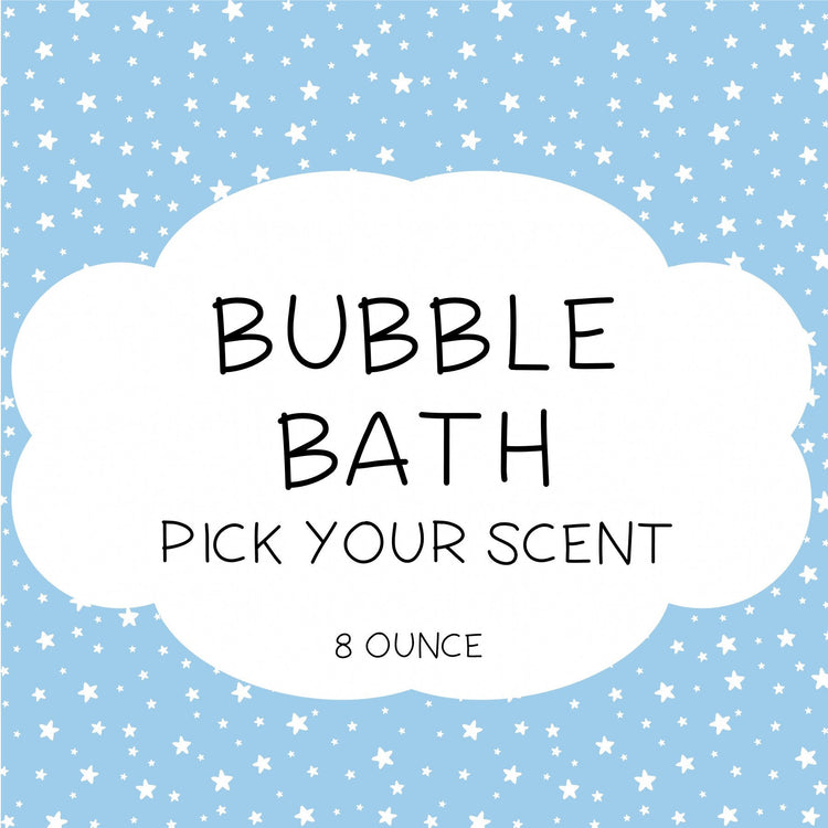 An image featuring a Bubble Bath product with a background of light blue and star-shaped graphics