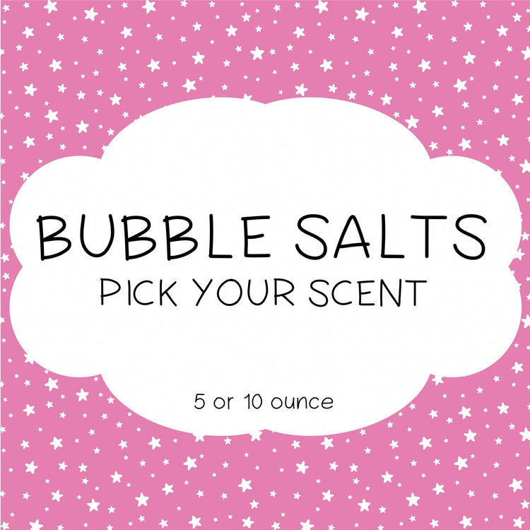 Packaging of 'Bubble Bath Salts' with a scent picker, showing a pink background with star patterns, and text indicating the product weight in either 5 or 10 oz.
