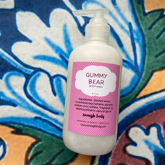 Gummy Bear body wash bottle with pink label on a colorful patterned background