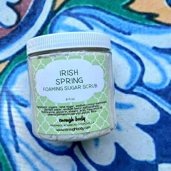 Jar of Irish Spring Foaming Sugar Scrub on a colorful background