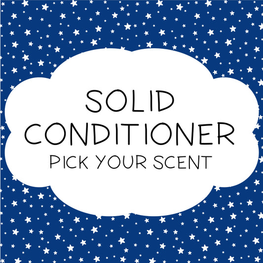 A packaged solid conditioner bar with a blue background featuring a white cloud and stars pattern. The text on the packaging reads 'Solid Conditioner Bar - Pick Your Scent'.