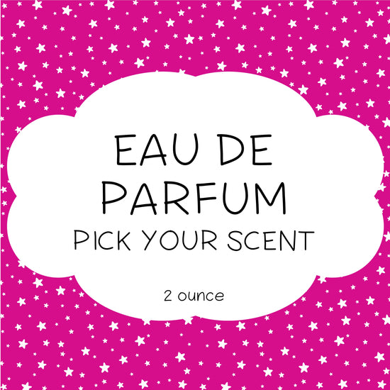 A bottle of 'Eau de Parfum' with a pink background and white stars, indicating a 2-ounce quantity.