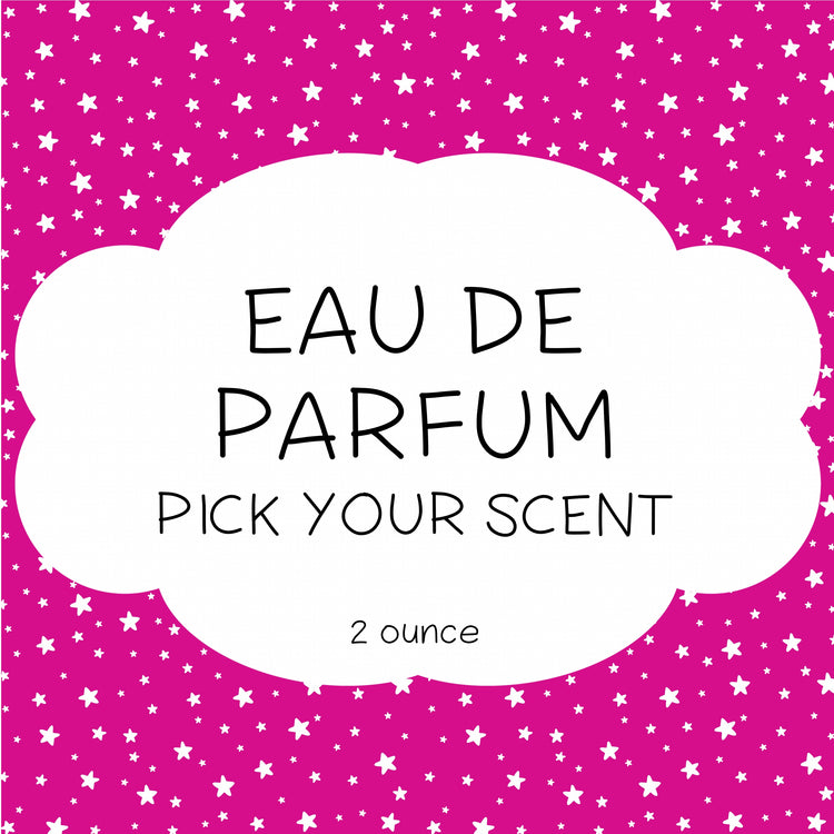 A bottle of 'Eau de Parfum' with a pink background and white stars, indicating a 2-ounce quantity.