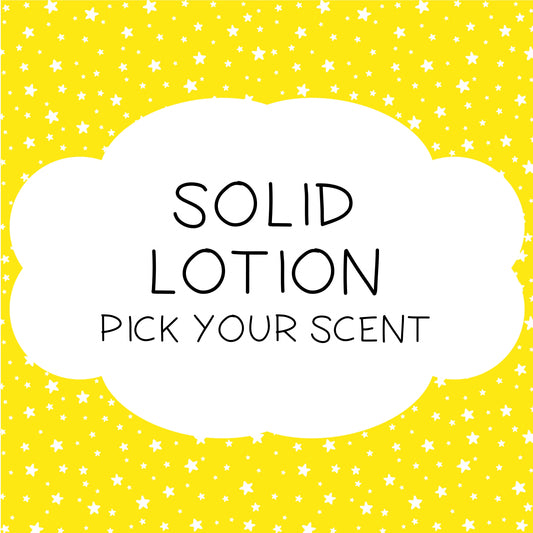 An image featuring a solid lotion product with a background of yellow and star-shaped graphics