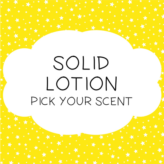 An image featuring a solid lotion product with a background of yellow and star-shaped graphics