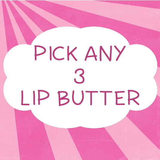 Promotional image for a lip balm product, featuring a background with pink rainbow lines and a text overlay that reads 'Pick any 3 Lip Butter'.