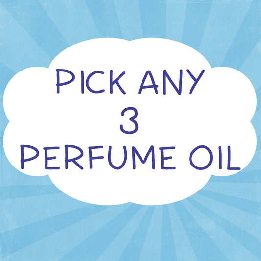 An image featuring a text "pick any 3 perfume oil" with a background of multi shades of blue