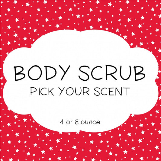 An image featuring a Body Scrub product with a background of red  and star-shaped graphics
