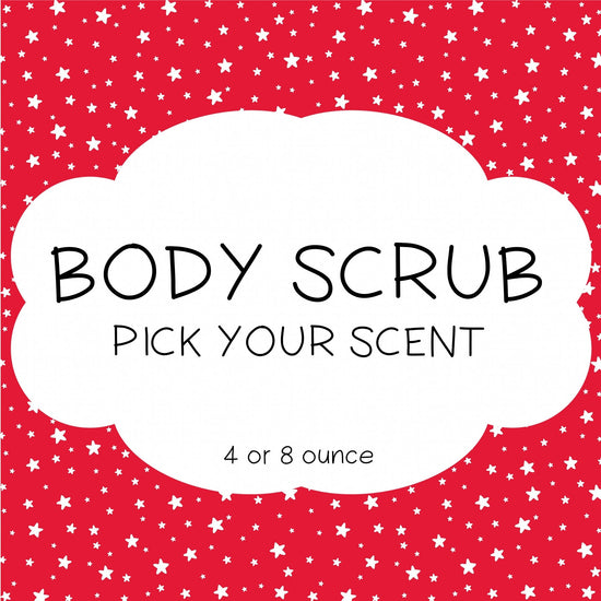 An image featuring a Body Scrub product with a background of red  and star-shaped graphics