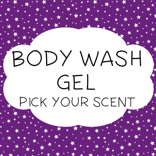An image featuring a Body Wash Gel product with a background of purple and star-shaped graphics