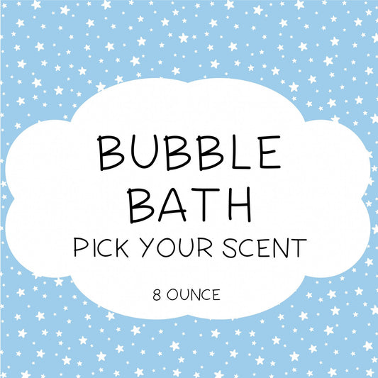 An image featuring a Bubble Bath product with a background of light blue and star-shaped graphics