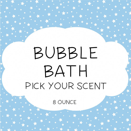 An image featuring a Bubble Bath product with a background of light blue and star-shaped graphics