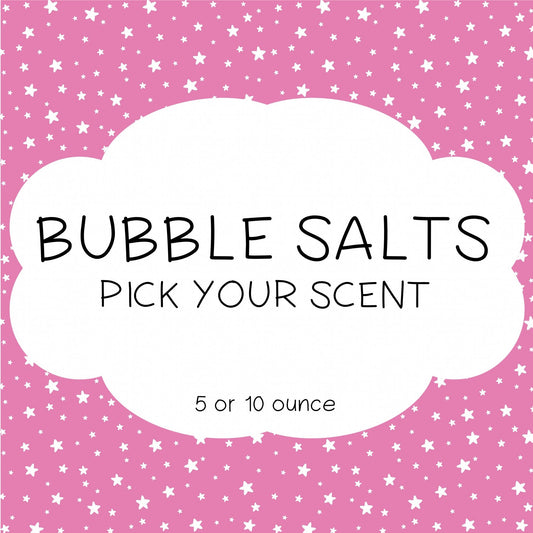 Packaging of 'Bubble Bath Salts' with a scent picker, showing a pink background with star patterns, and text indicating the product weight in either 5 or 10 oz.