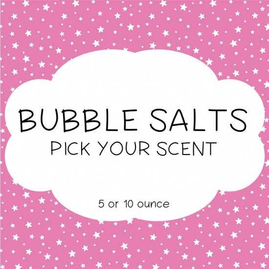 Packaging of 'Bubble Bath Salts' with a scent picker, showing a pink background with star patterns, and text indicating the product weight in either 5 or 10 oz.