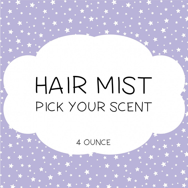 A product image featuring a bottle of 'Hair Mist' with a label that reads 'HAIR MIST PICK YOUR SCENT' and has a 4 OUNCE indicator.