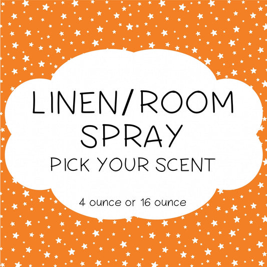 An image featuring a 'Linen/Room Spray' product with a background of orange and star-shaped graphics