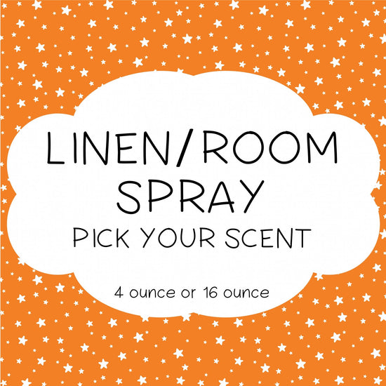 An image featuring a 'Linen/Room Spray' product with a background of orange and star-shaped graphics