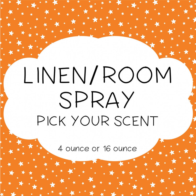 An image featuring a 'Linen/Room Spray' product with a background of orange and star-shaped graphics